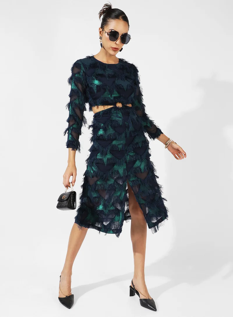 Campus Sutra  Women's Green & Blue Cutout Fringe Dress For Casual Wear | Long Sleeve | Midi Length | Dress Crafted With Comfort Fit And High Performance For Everyday Wear for Women | Best Price UAE